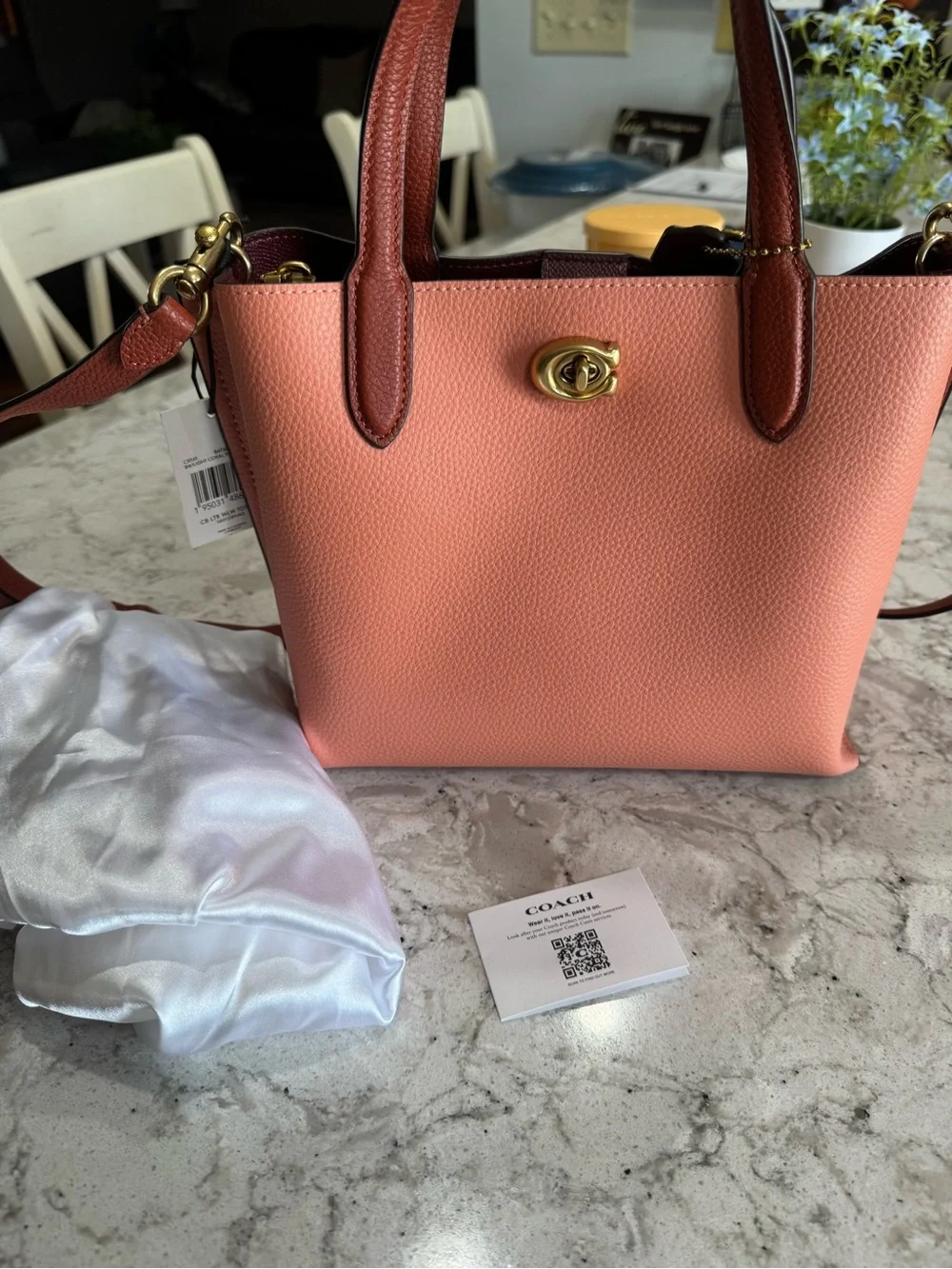 Coach Willow 24 Coral Leather Tote with Brown Trim